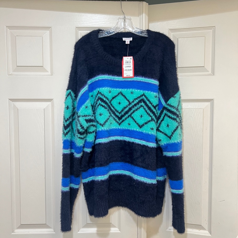 Holiday Lane Mens L Oversized Sweater Blue Geometric Winter Cozy Vintage Retro